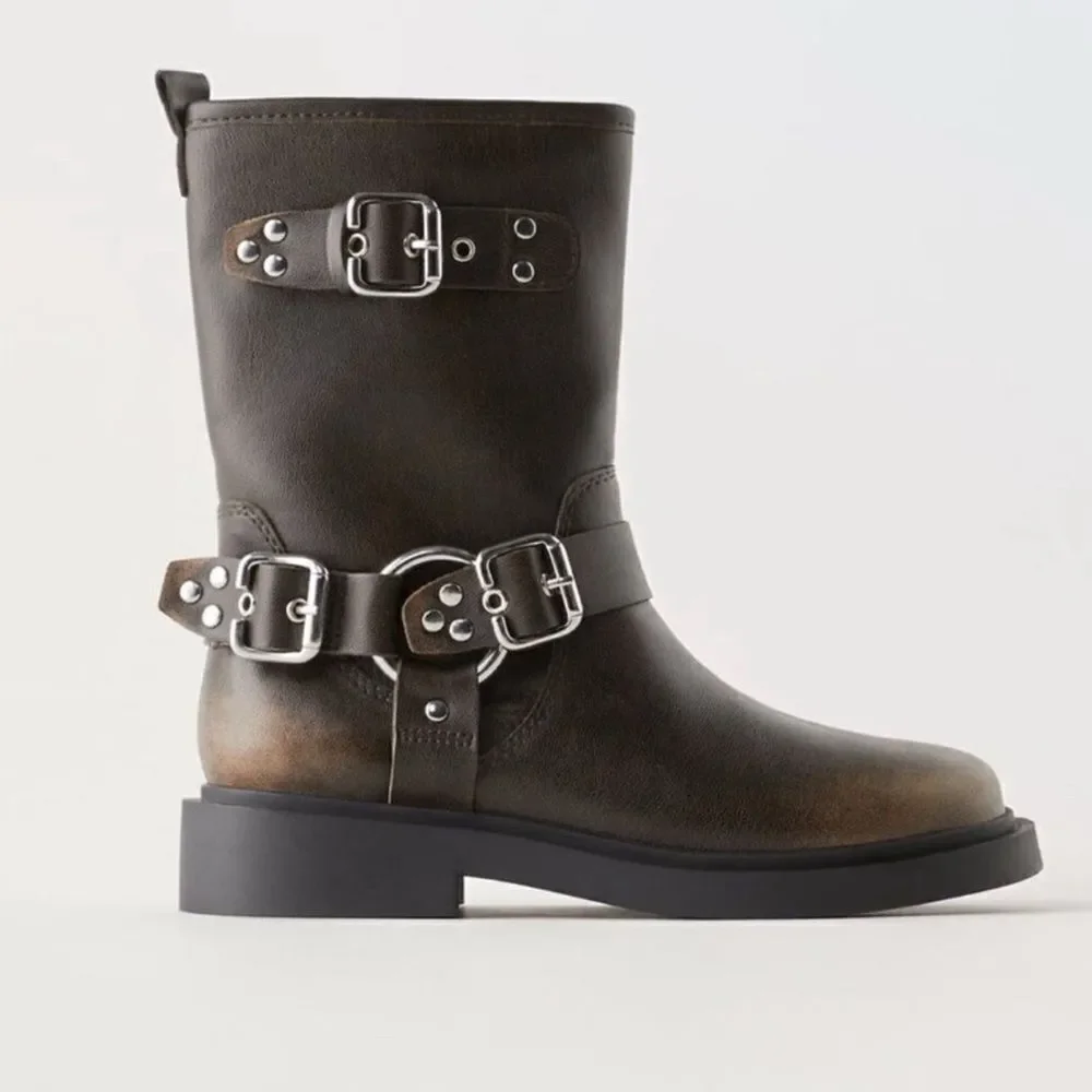 Zara kids Distressed Moto Brown Boots(Size 13.5)